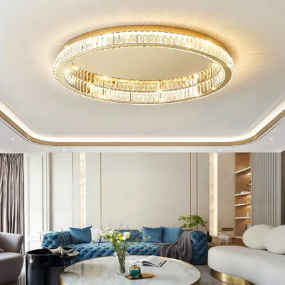 Modern gold crystal led ceiling chandelier with two concentric rings of faceted crystals for living room decorbites crystal led