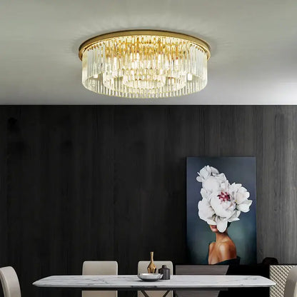 Modern gold crystal led ceiling chandelier with gold-toned circular fixture and cascading clear crystal strands for living room decorbites crystal led ceiling
