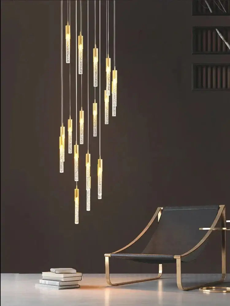 Modern gold crystal led ceiling chandelier with clear textured glass cylinders for luxury dining room decorbites crystal led