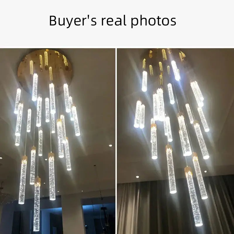Modern gold crystal led ceiling chandelier with clear cylindrical glass rods for luxury dining room decorbites crystal led