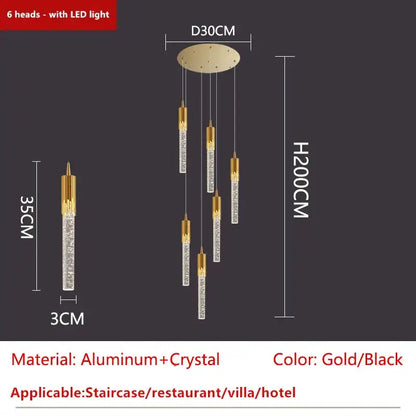Modern gold crystal led ceiling chandelier with six crystal pendant lights on aluminum for luxury dining decorbites crystal led
