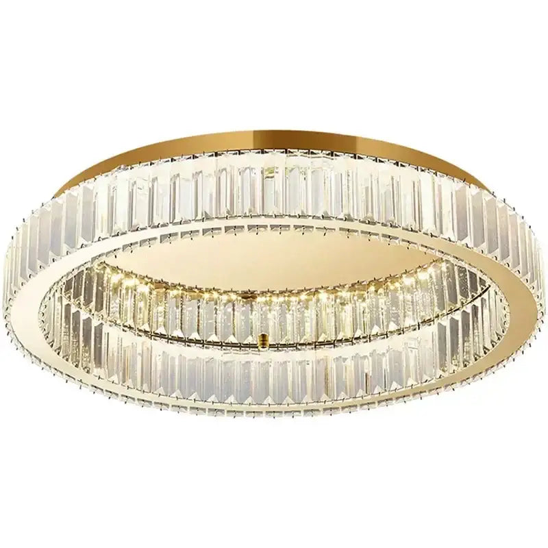 Modern gold crystal led ceiling chandelier with two concentric rings of clear faceted crystal bars for living room lighting