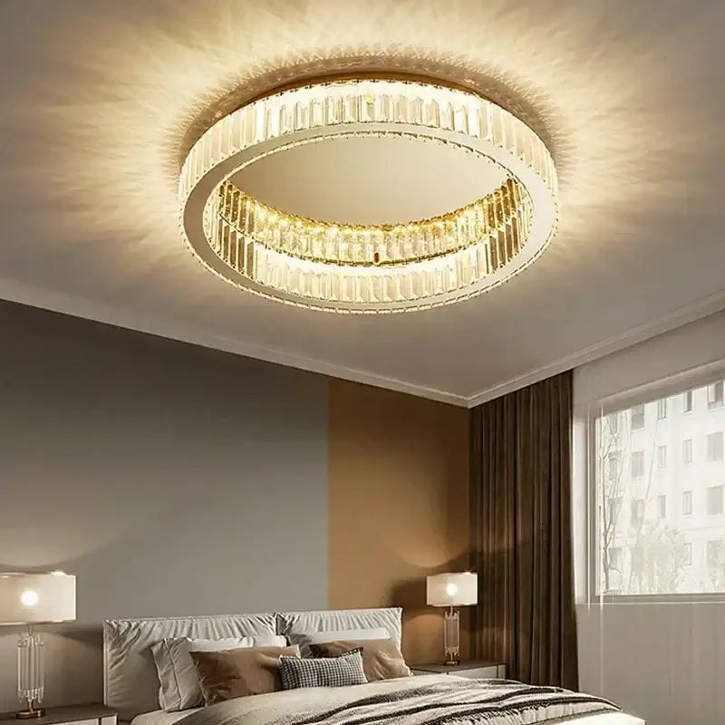 Modern gold crystal led ceiling chandelier with two concentric rings of clear crystals in polished metal frame for living room decorbites crystal led