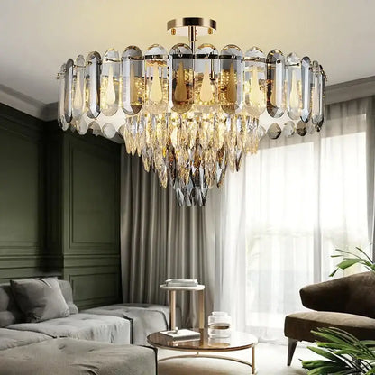 Modern gold crystal led ceiling chandelier with cascading clear and amber crystal droplets for elegant decorbites crystal led lighting