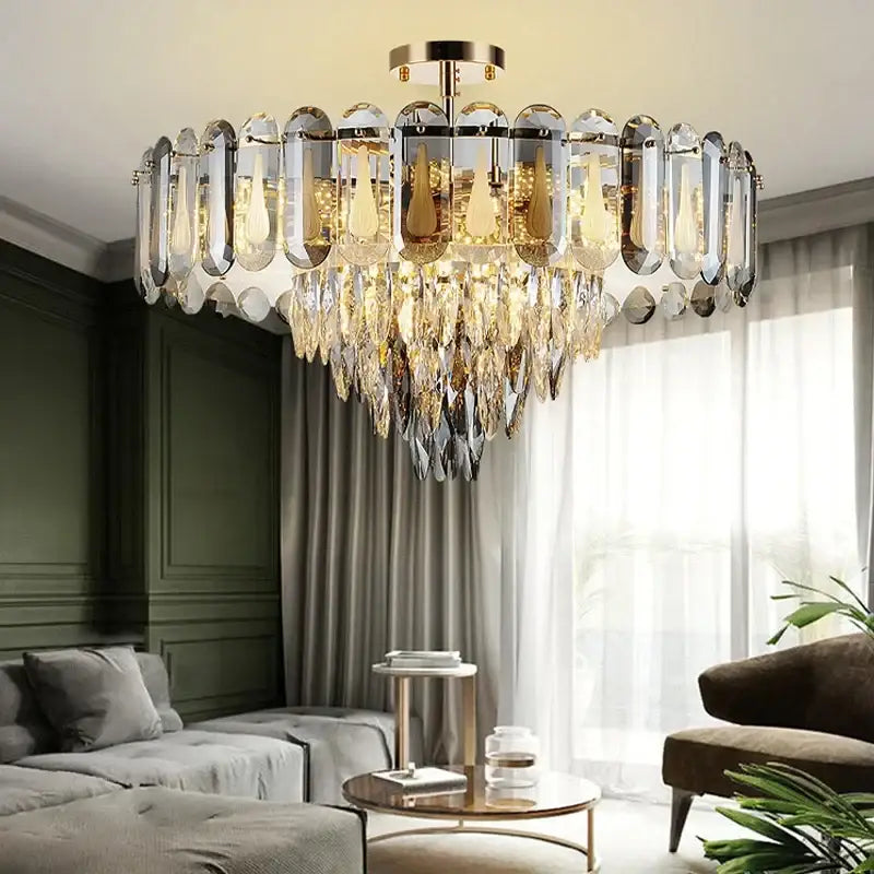 Modern gold crystal led ceiling chandelier with cascading clear and amber crystal droplets for elegant decorbites crystal led lighting