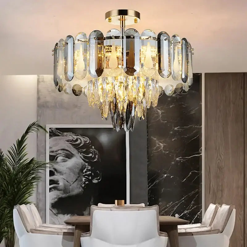 Modern gold crystal led ceiling chandelier with cascading clear and amber droplets and mirrored glass panels for living room decorbites crystal led