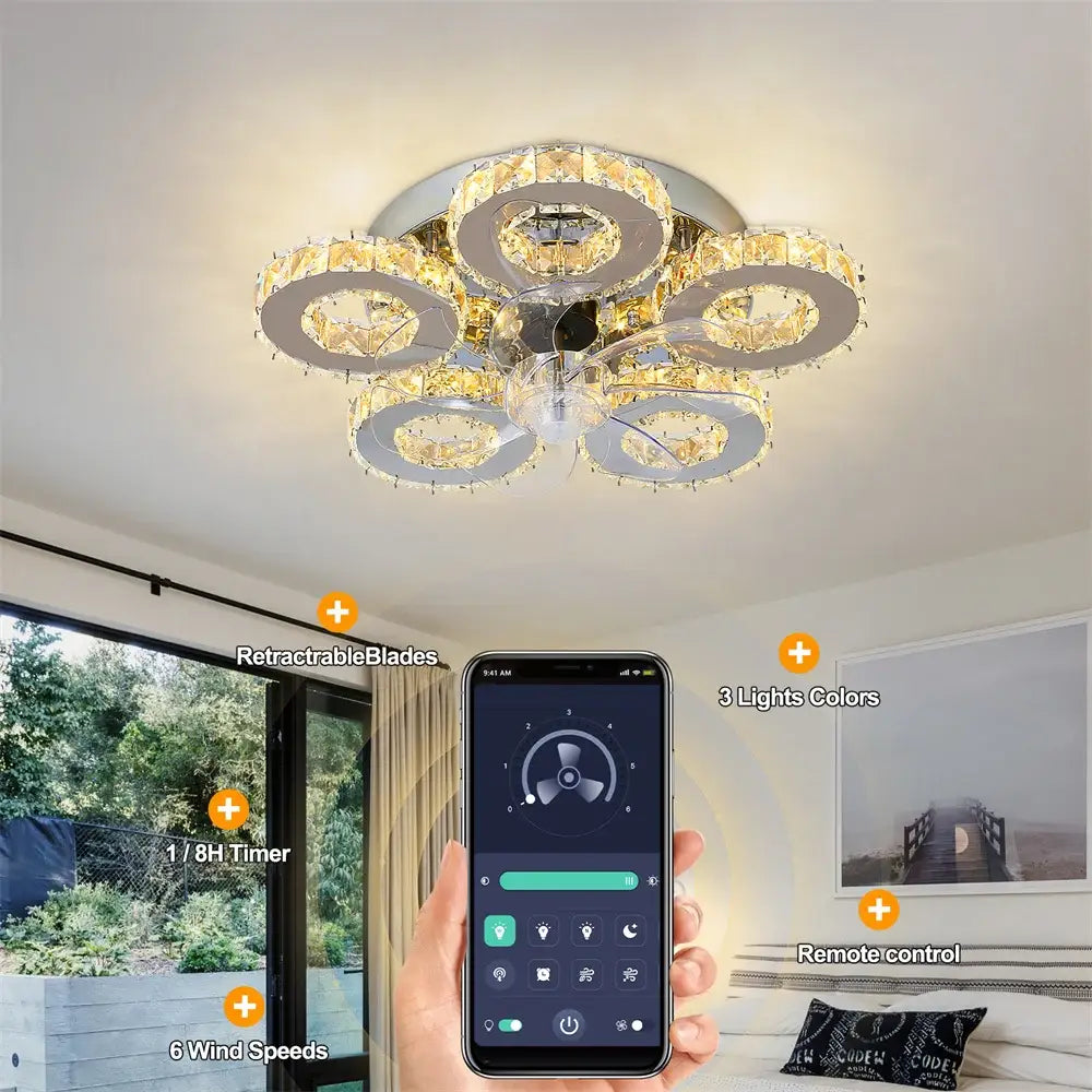 Modern gold crystal led ceiling fan with multi-ring chrome chandelier and decorbites crystal led accents for living room decor