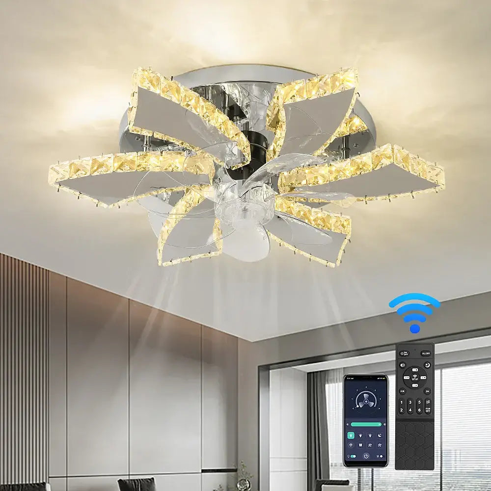 Modern gold decorbites crystal led ceiling fan with leaf-shaped glass blades and central fan motor for living room decor