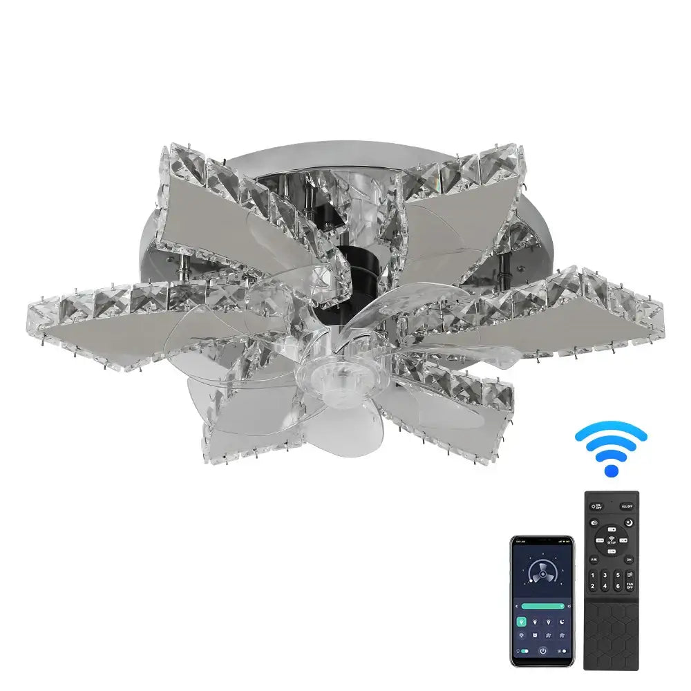 Modern gold crystal led ceiling fan with chrome finish blades and integrated lighting for elegant living room decorbites crystal led