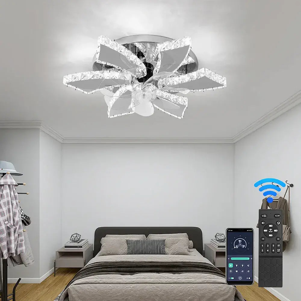 Modern gold crystal led ceiling fan featuring a crystalline flower-shaped ceiling light with chrome base decorbites crystal led