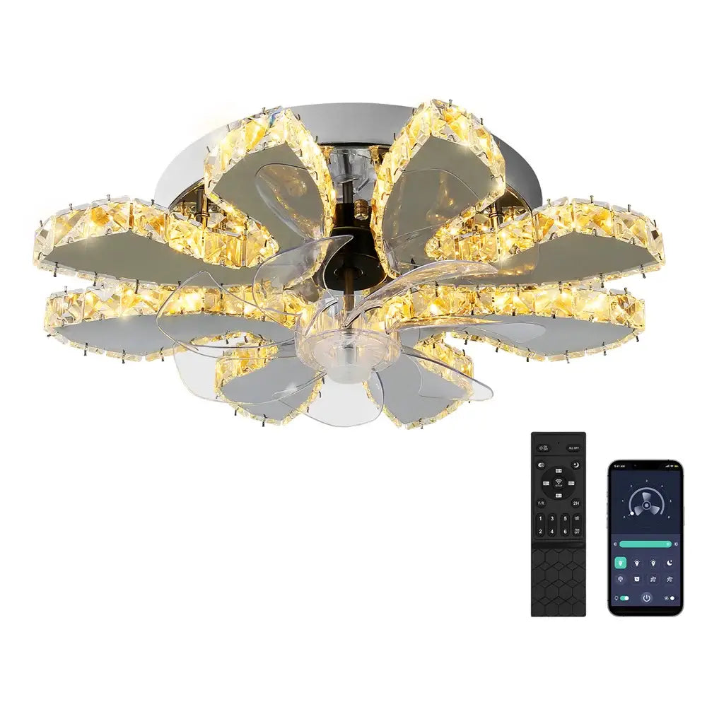 Modern gold crystal led ceiling fan featuring a flower-shaped design with crystal encrustation and transparent blades