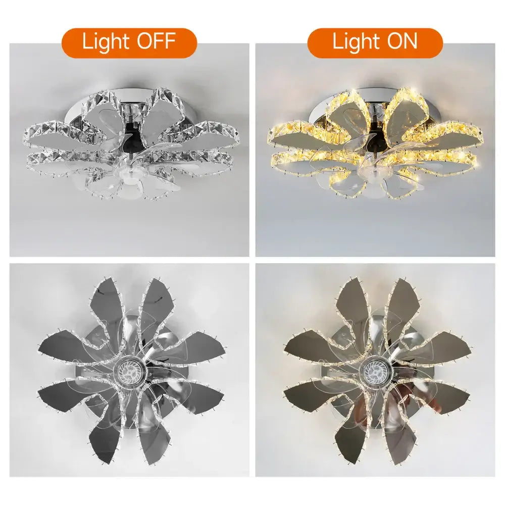 Modern gold decorbites crystal led ceiling fan with flower-shaped chrome and crystal fixture emitting warm yellow light