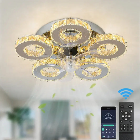 Modern gold crystal led ceiling fan with five circular crystal-encrusted rings for living room decorbites crystal led decor