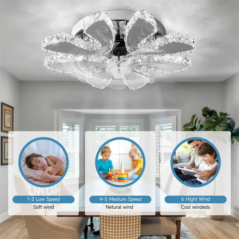 Modern gold crystal led ceiling fan with flower-shaped crystal design and chrome accents for living room decorbites crystal led ceiling