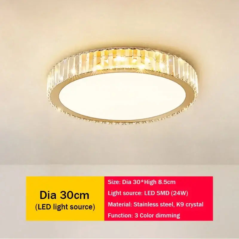 Modern gold crystal led ceiling light with gold stainless steel frame and faceted k9 crystals for warm bedroom decorbites crystal led illumination