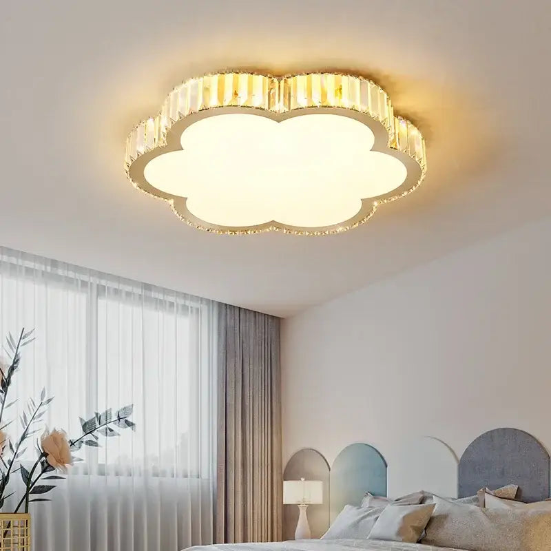 Modern gold crystal led ceiling light featuring a cloud shape with golden frame and clear crystal accents for bedroom decorbites crystal led