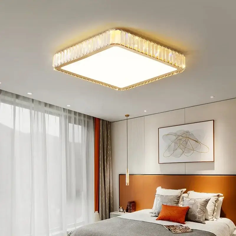 Modern gold crystal led ceiling light with square frame and clear crystal accents for bedroom decorbites crystal led design