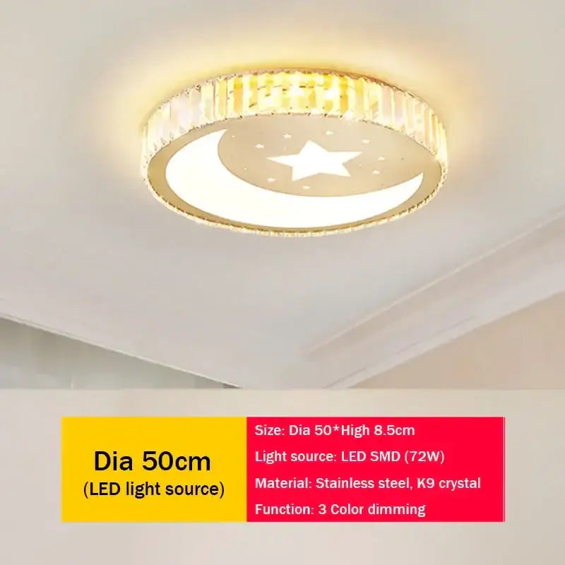 Modern gold crystal led ceiling light with crescent moon and star design, stainless steel frame, k9 crystals, decorbites crystal led