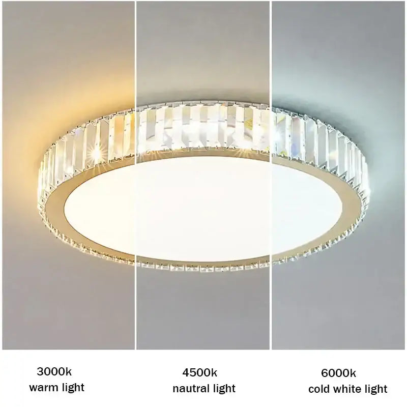 Modern gold crystal led ceiling light with circular frame and three color temperatures for bedroom decorbites crystal led