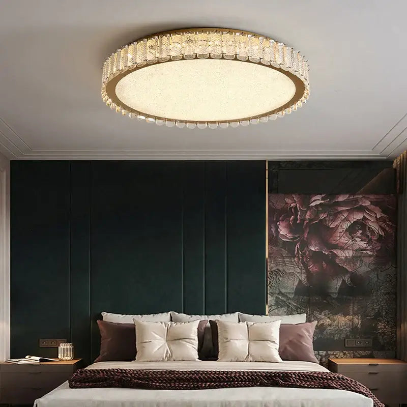 Modern gold crystal led ceiling light with a gold-toned frame and clear crystal accents for living room decorbites crystal led