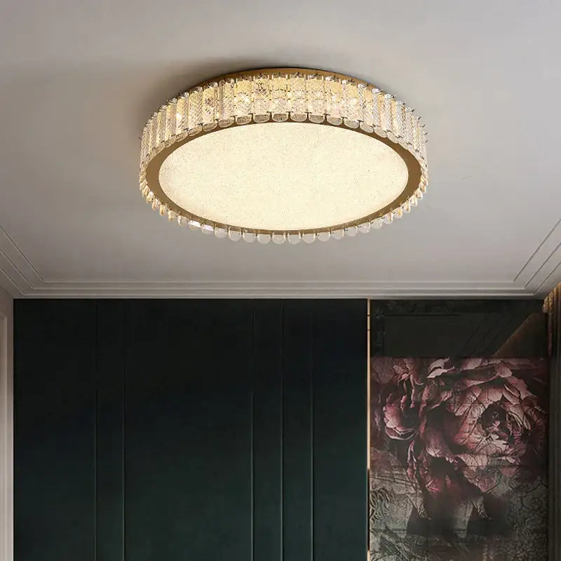 Modern gold crystal led ceiling light with gold metal frame and clear faceted beads for elegant ceiling lights decorbites crystal led