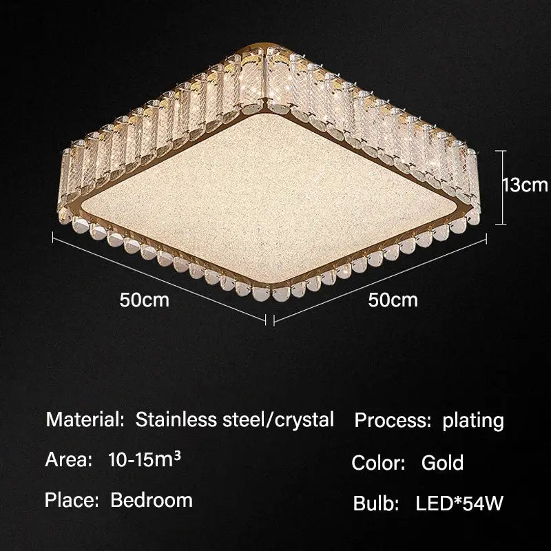 Modern gold crystal led ceiling light with gold-plated square frame, textured cream center, and crystal led ceiling accents