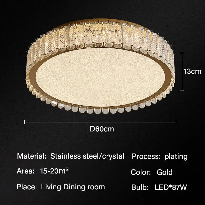 Modern gold crystal led ceiling light featuring a gold-plated frame with a sparkling crystal rim and textured diffuser