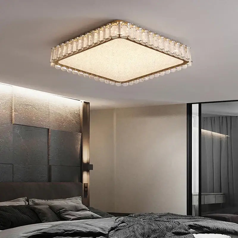 Modern gold crystal led ceiling light with square crystal chandelier and beaded edge for warm living room decorbites ceiling lights