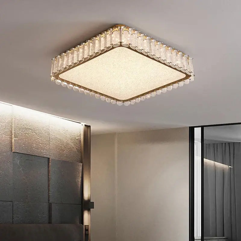 Modern gold crystal led ceiling light with a square crystal chandelier and frosted glass center for ceiling lights decorbites crystal led