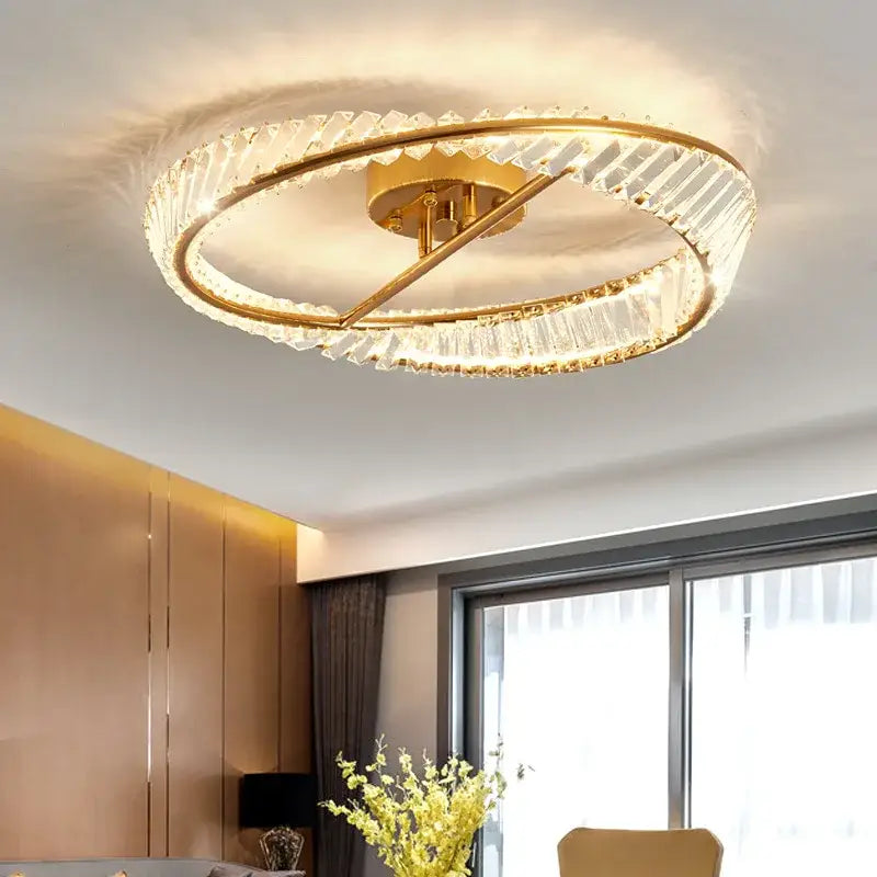 Modern gold crystal led chandelier ceiling light featuring two concentric rings of faceted crystal accents for living room decorbites crystal led