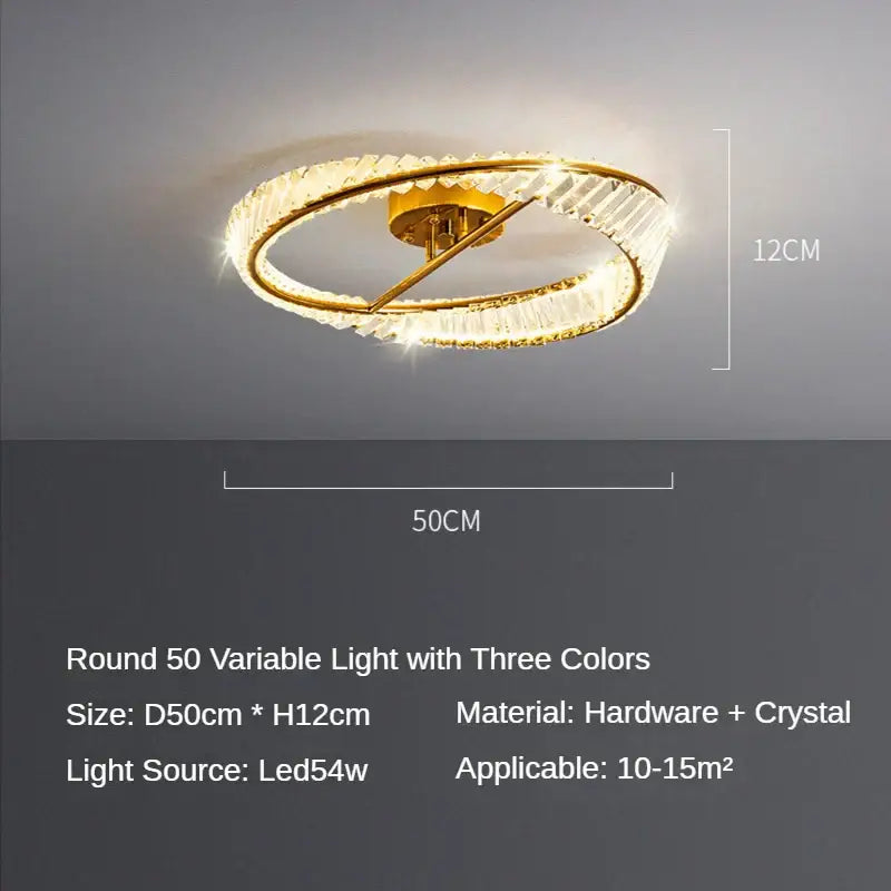 Modern gold crystal led chandelier ceiling light with a circular metal frame and warm decorbites crystal led accents for living room