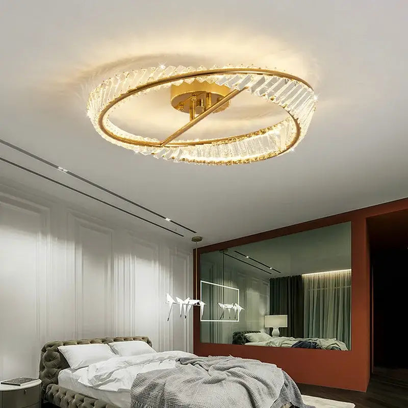 Modern gold crystal led chandelier ceiling light featuring two concentric rings of faceted crystal elements for living room decorbites crystal led