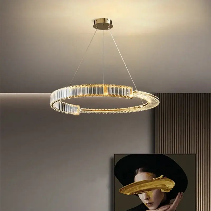Modern gold crystal led chandelier with circular metal frame and rectangular accents for dining room decorbites crystal led