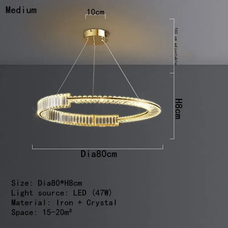Modern gold crystal led chandelier with circular design and adjustable height featuring decorbites crystal led accents