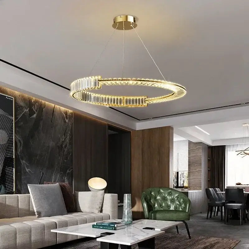 Modern gold crystal led chandelier with crystal accents by decorbites for elegant dining room ceiling decor