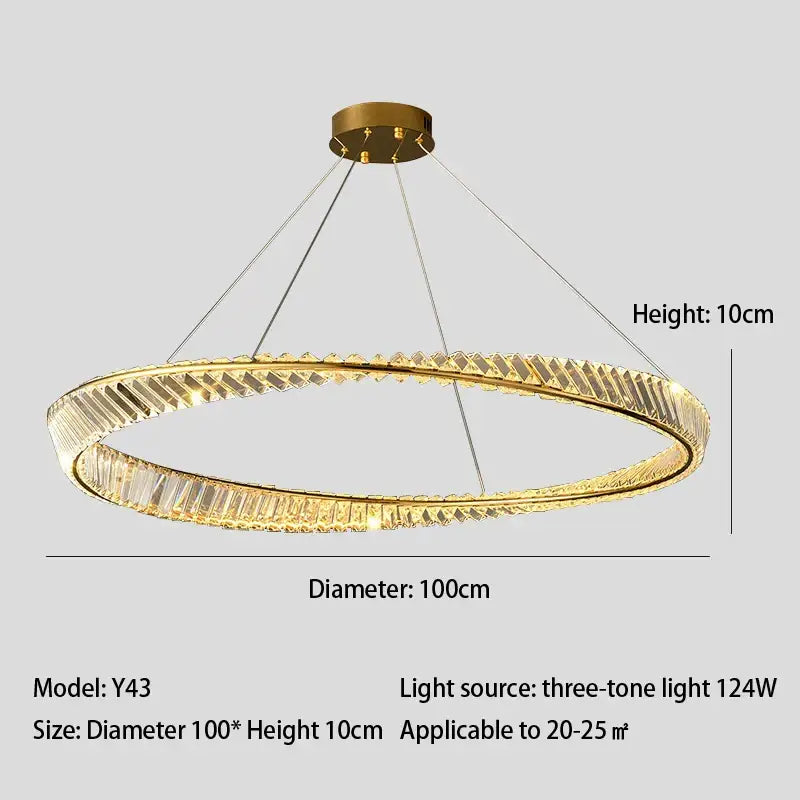 Modern gold crystal led chandelier with faceted crystal rings in a double ring pendant for dining room decorbites crystal led