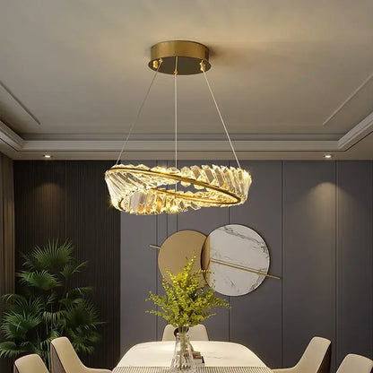 Modern gold crystal led chandelier with double ring pendant and clear crystal accents by decorbites crystal led