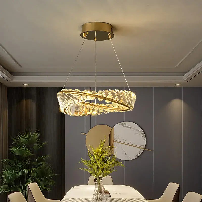 Modern gold crystal led chandelier with double ring pendant and clear crystal accents by decorbites crystal led