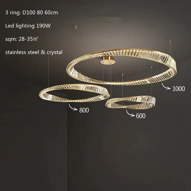 Modern gold crystal led chandelier with three-tiered stainless steel rings illuminated by 190w led lighting decorbites crystal led