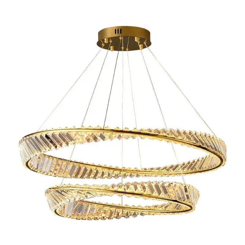 Modern gold crystal led chandelier dining room double ring pendant with gold-toned frame and faceted crystal accents decorbites crystal led