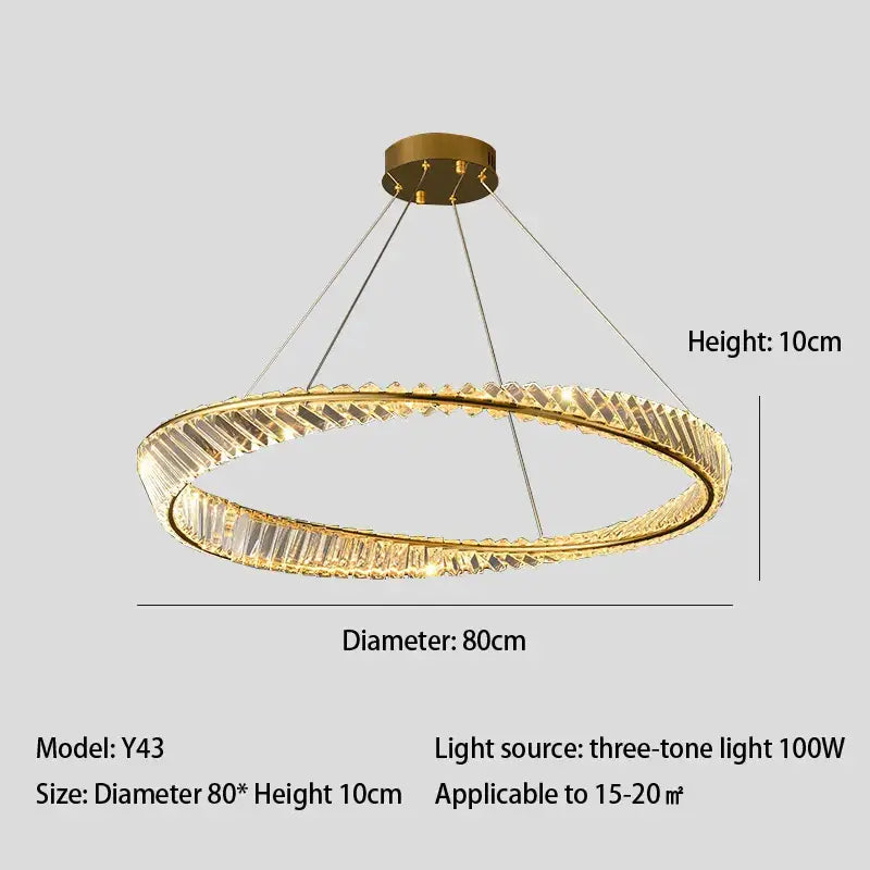 Modern gold crystal led chandelier with double ring pendant and faceted crystal accents for dining room decorbites crystal led