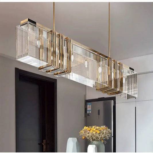 Modern gold decorbites crystal led chandelier with rectangular design vertical crystal rods for dining room lighting