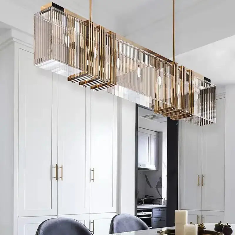 Modern gold crystal led chandelier with vertical crystal rods and recessed lighting for dining room and kitchen decorbites crystal led