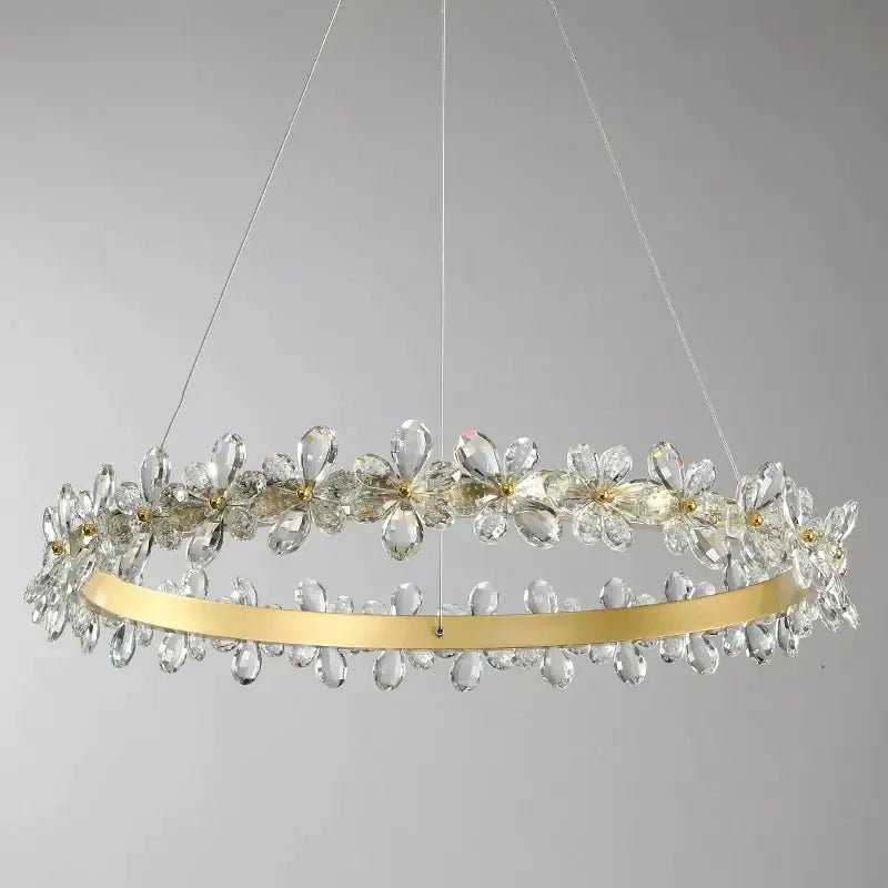 Modern gold crystal led chandelier with clear flower motifs and teardrop crystals for dining room decorbites crystal led