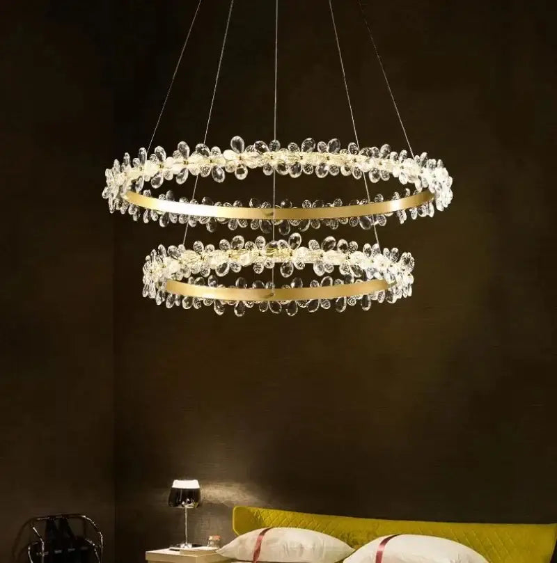 Elegant modern gold crystal led chandelier with double-ring gold-toned metal frames and clear crystal droplets for dining room decorbites crystal led chandelier