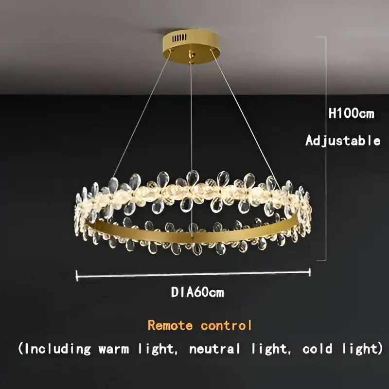 Modern gold crystal led chandelier with circular design, crystal droplets, and adjustable height for dining room decorbites crystal led