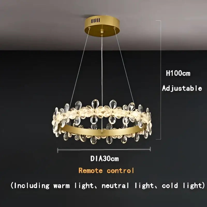 Modern gold crystal led chandelier with clear crystal droplets floral accents adjustable height and remote control lighting