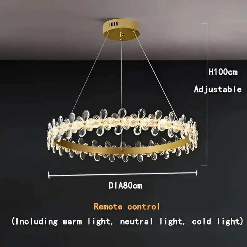Modern gold crystal led chandelier with circular design and clear crystal droplets for dining room decorbites crystal led lighting