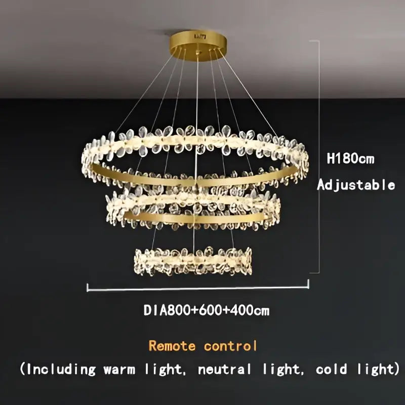 Modern gold crystal led chandelier with three concentric rings and clear crystal droplets for dining room decorbites crystal led