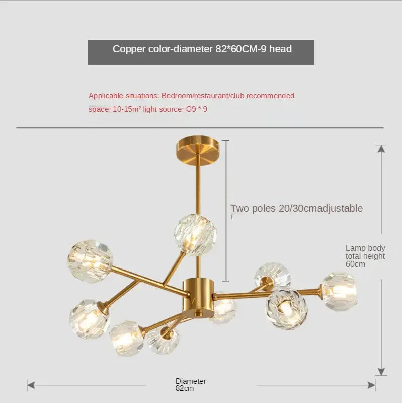A modern copper-colored decorbites crystal led chandelier with nine faceted globes for dining room ceiling decor